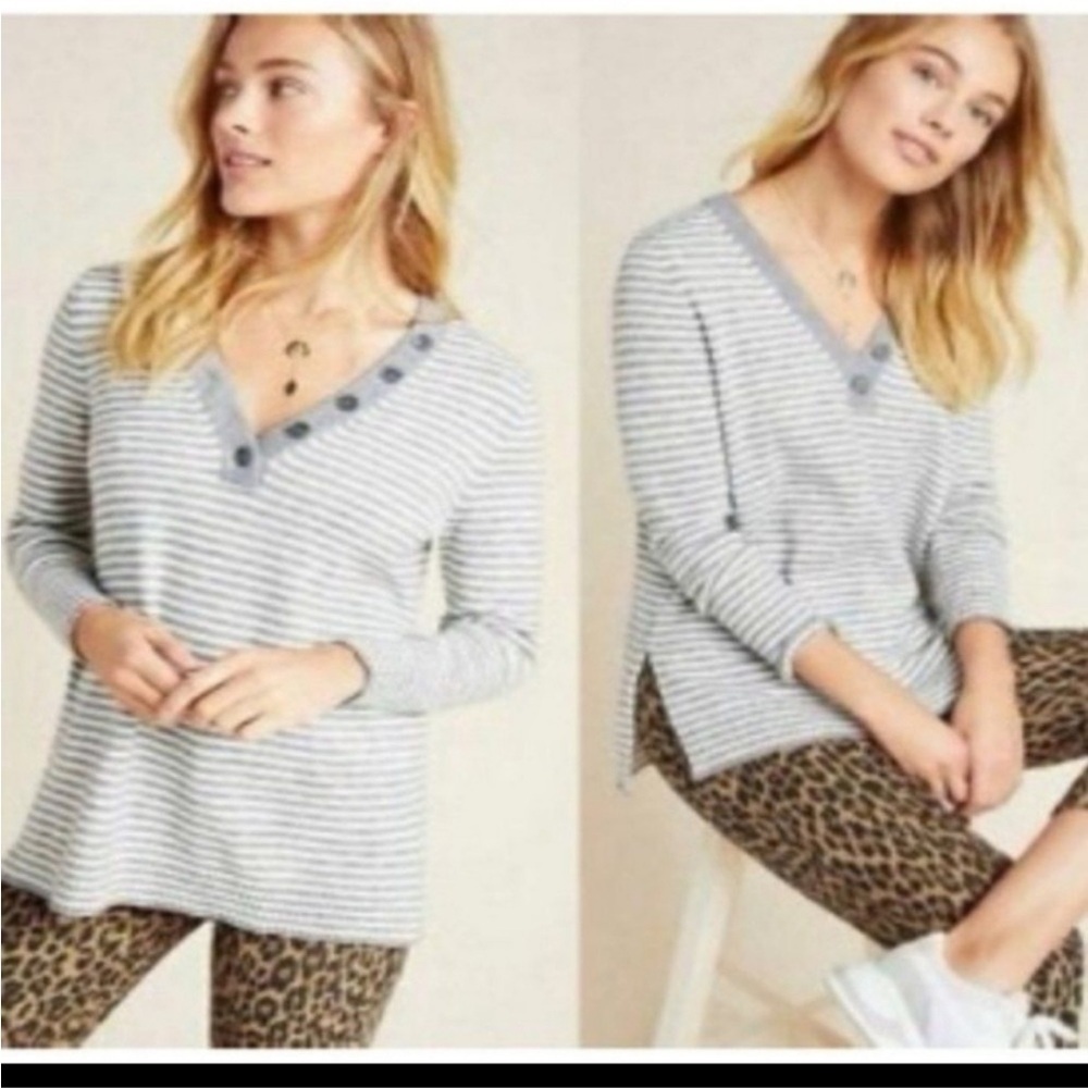 ANTHROPOLOGIE Serena Grey Stripe Tunic Style Sweater Small